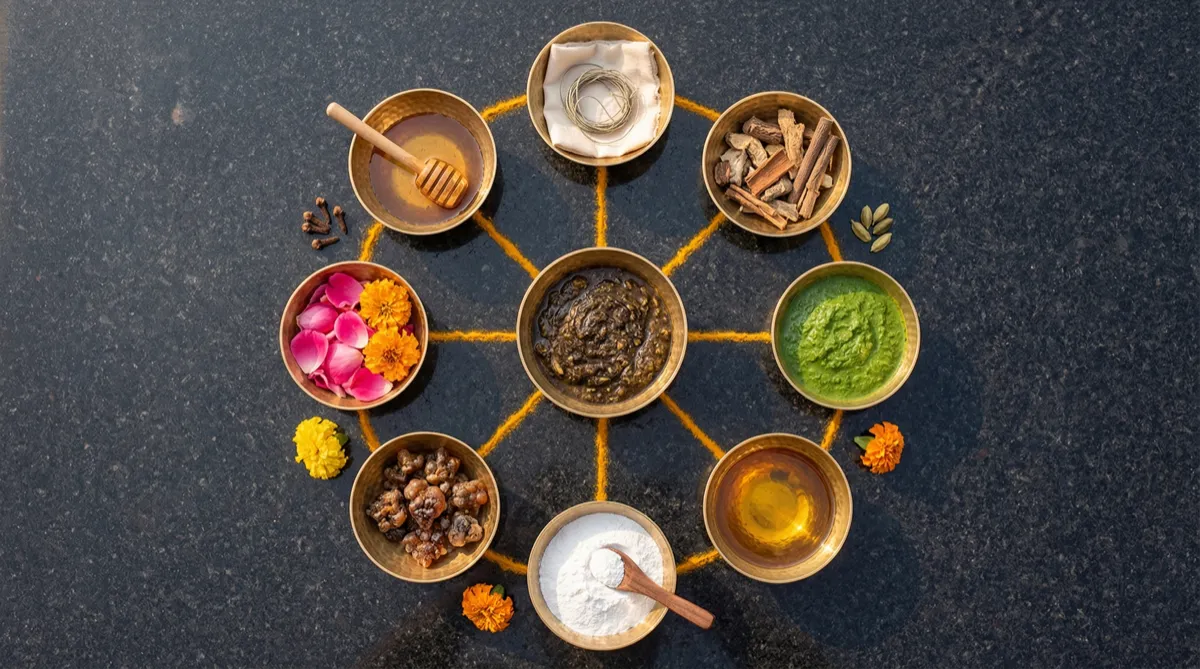 Eight interconnected branches of Ayurveda — mandala of preparations