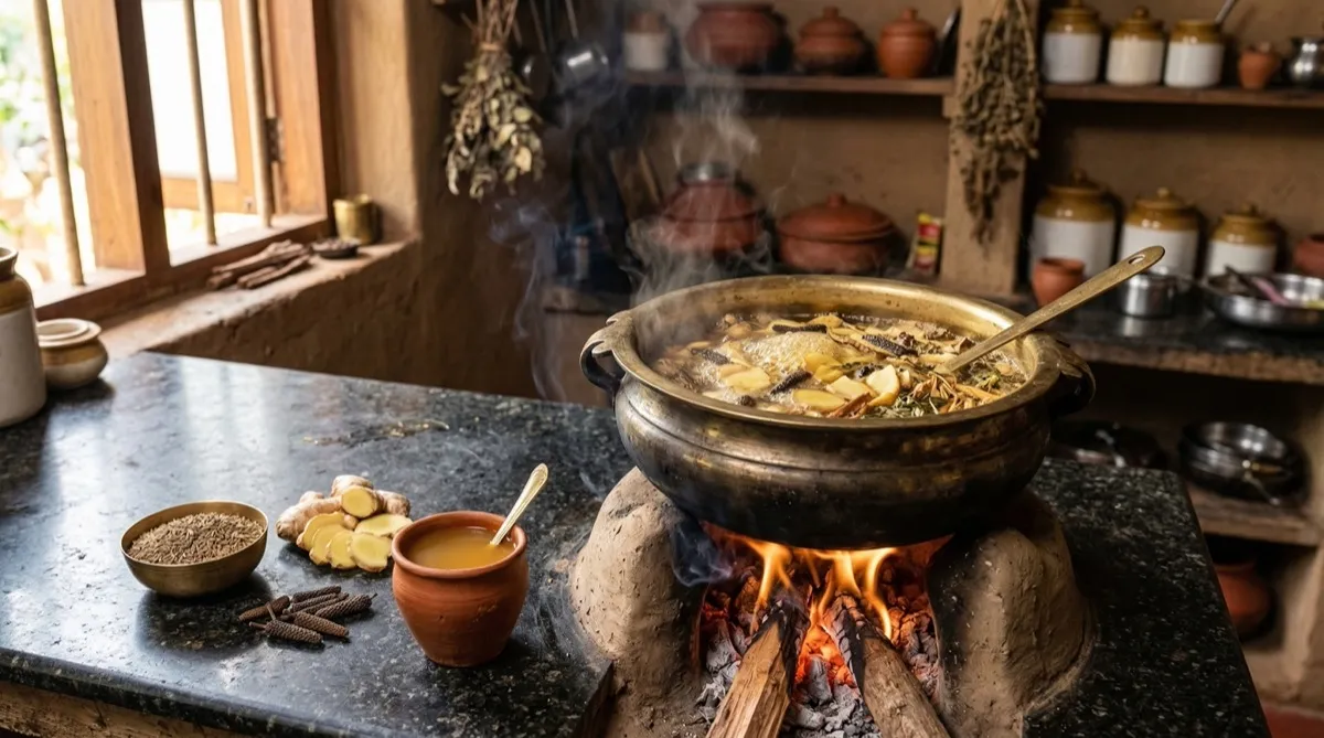 Agni restoration kitchen scene — ginger, cumin, warm water