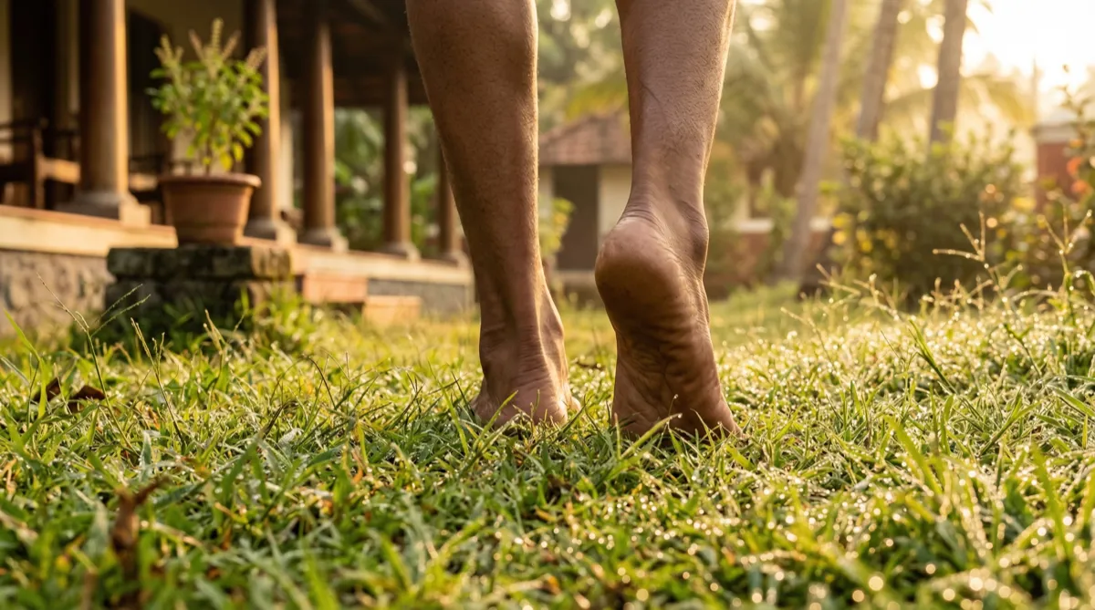 Person walking barefoot on village path at dawn