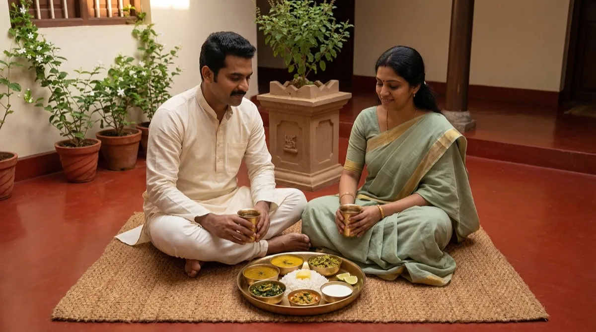 Couple sharing a nourishing meal in courtyard