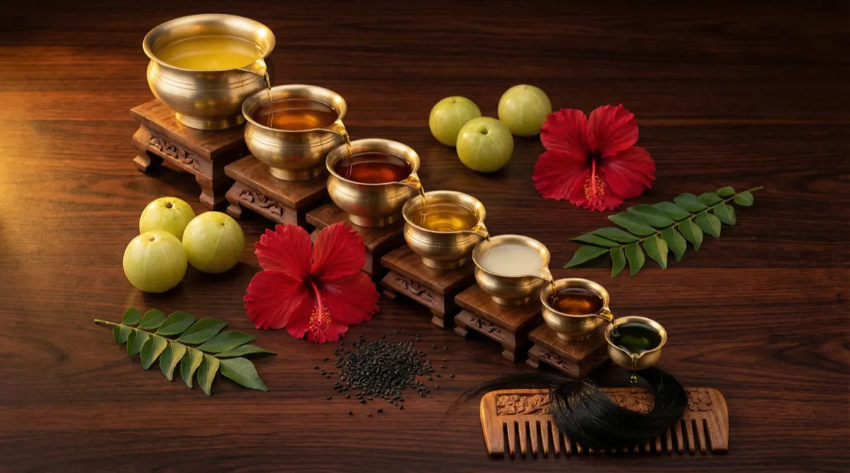 Dhatu nourishment chain — cascading brass vessels with hair-nourishing ingredients