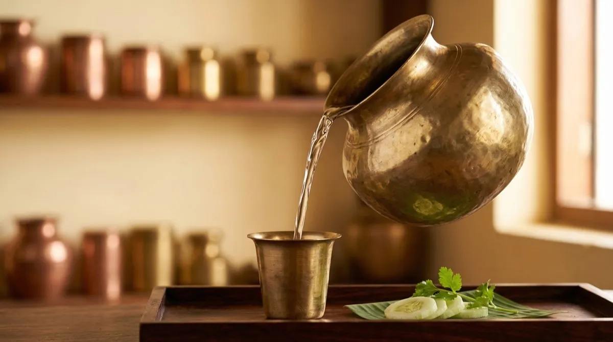 Brass water vessel pouring clear filtered water