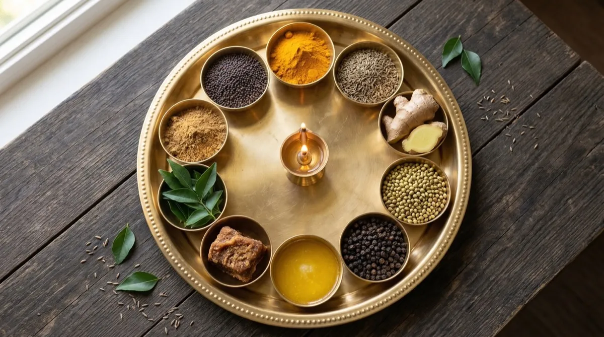 Nine Ayurvedic kitchen staples on a brass thali