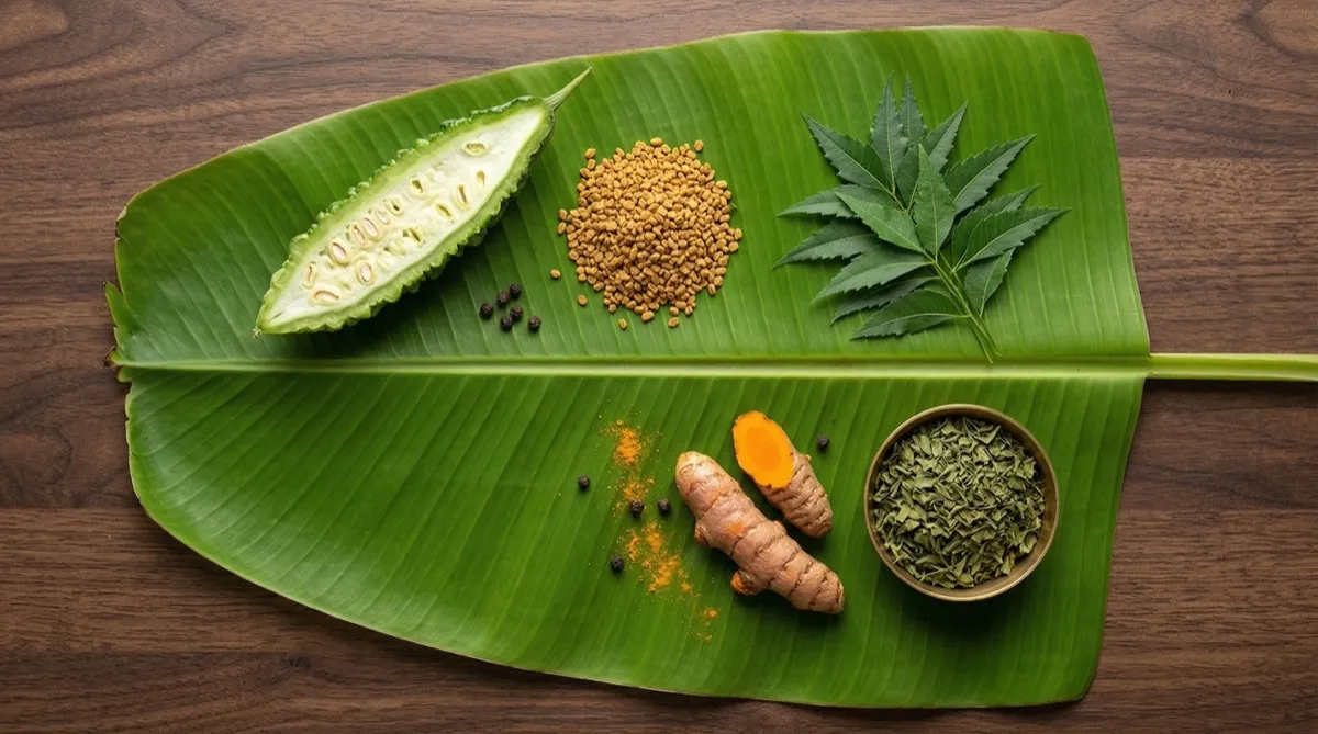 Bitter foods flat-lay on fresh banana leaf
