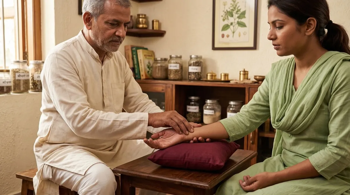 Ayurvedic practitioner examining patient pulse — Nadi Pariksha