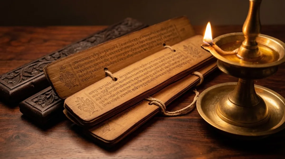 Three ancient palm-leaf manuscripts illuminated by brass oil lamp