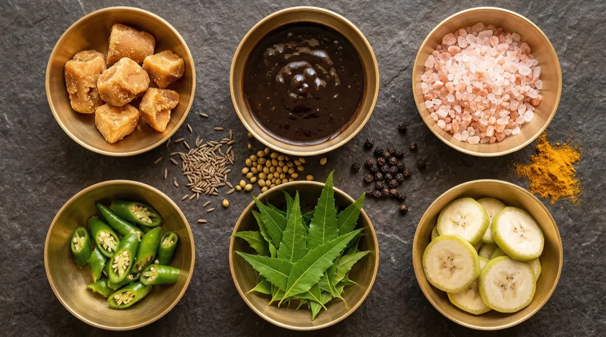 Spices and herbs arranged by six Ayurvedic tastes