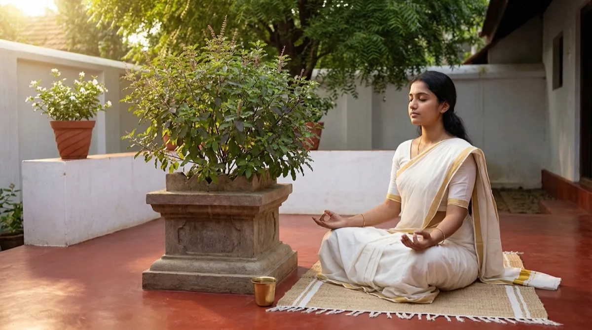 Woman meditating beside tulsi plant