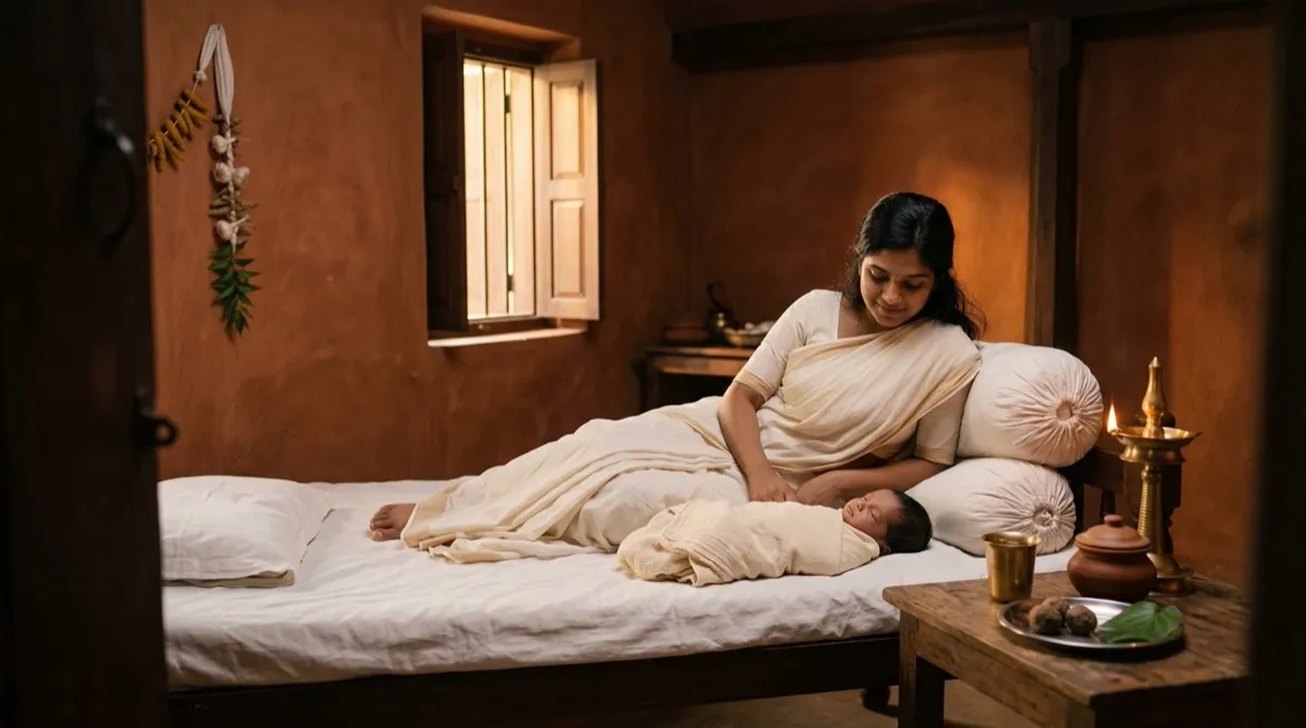 New mother resting in traditional postpartum room