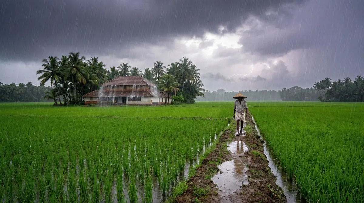 Monsoon paddy fields with rain and lush growth