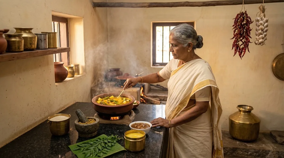 Telugu grandmother cooking in traditional kitchen
