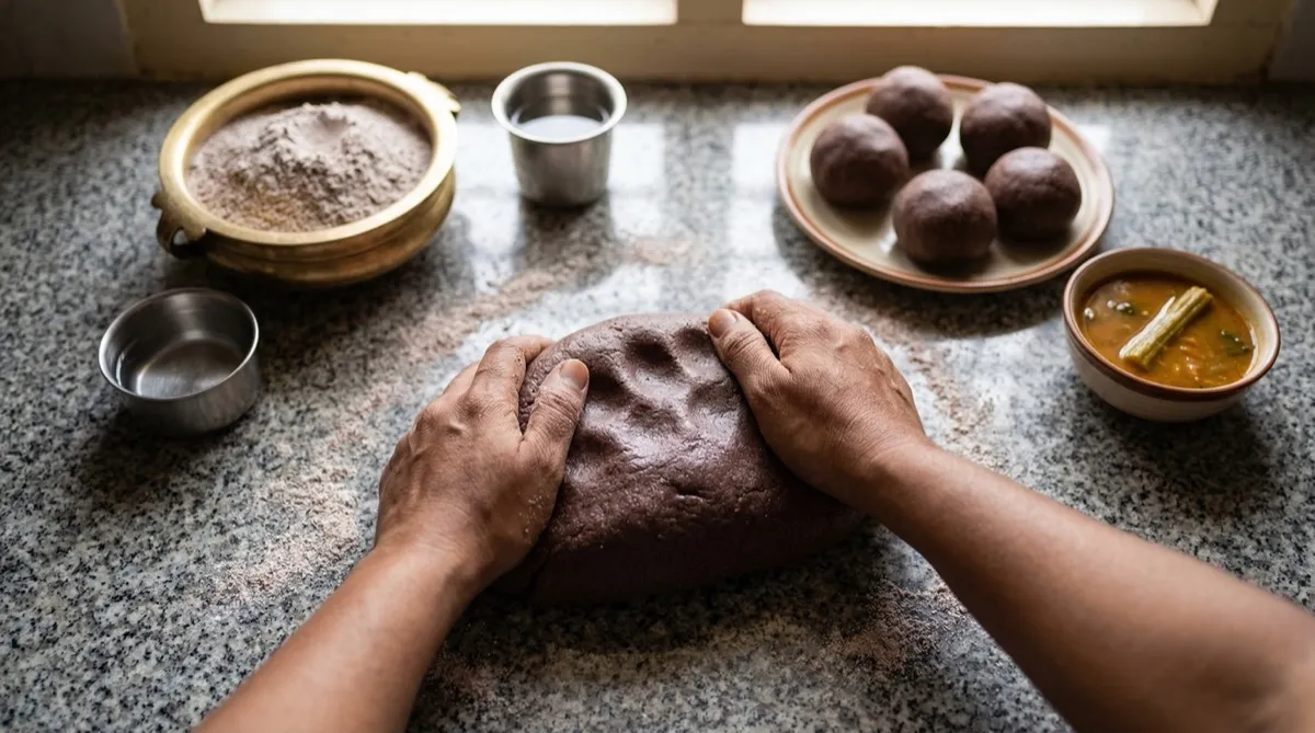 Mamsa dhatu — hands kneading ragi dough