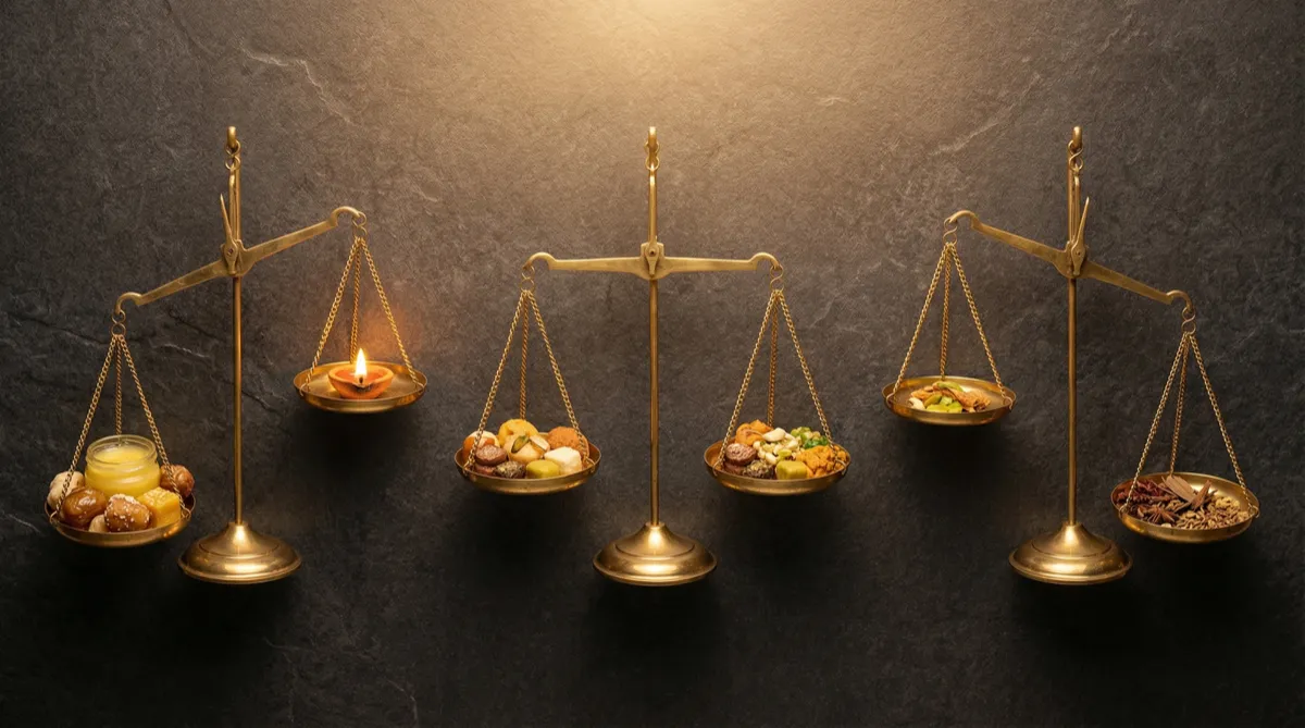 Three dosha silhouettes with distinct energy glows