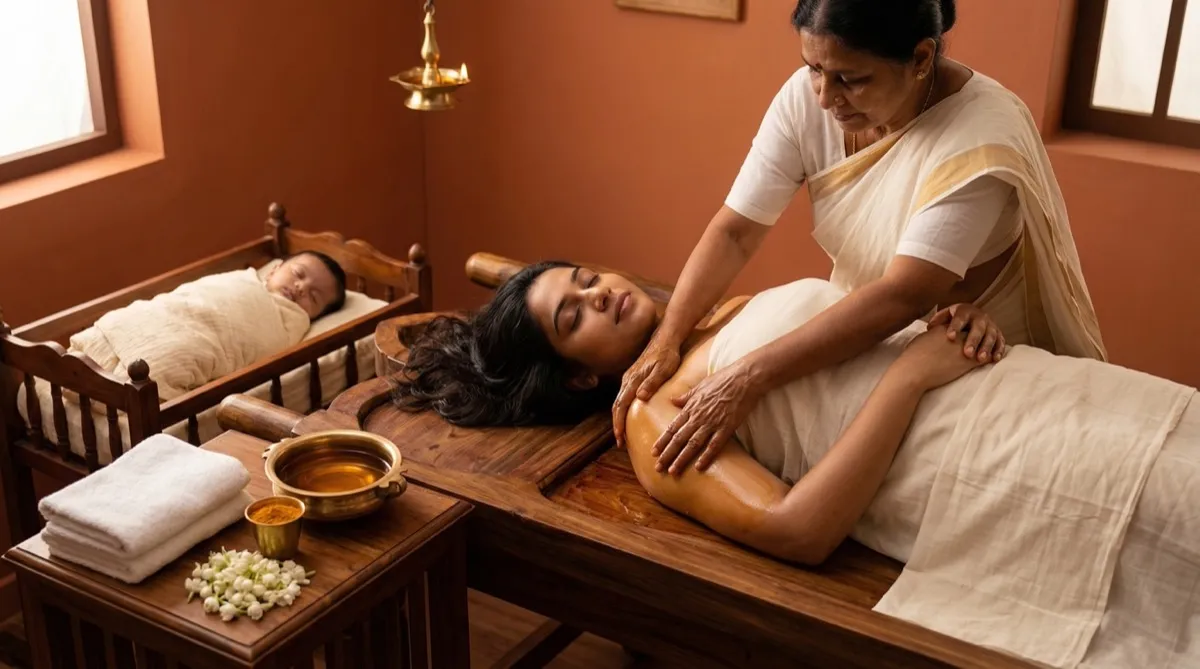 Postpartum Abhyanga oil massage for new mother