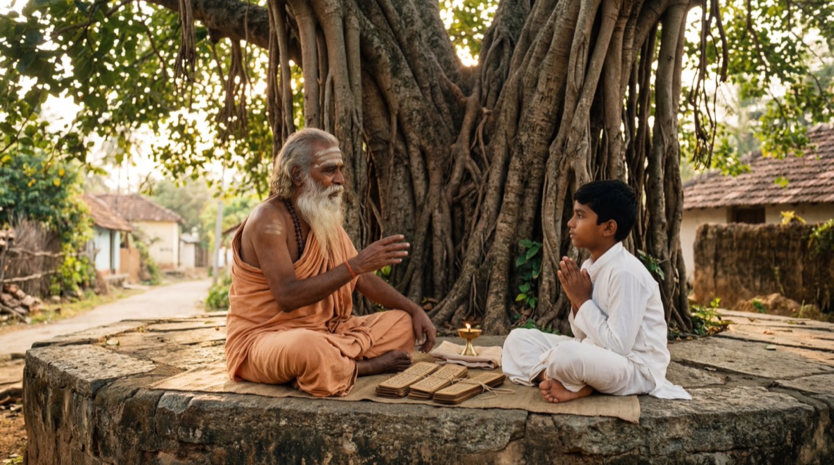 An elderly sage in saffron cloth teaching a young student under a banyan tree with palm-leaf manuscripts between them