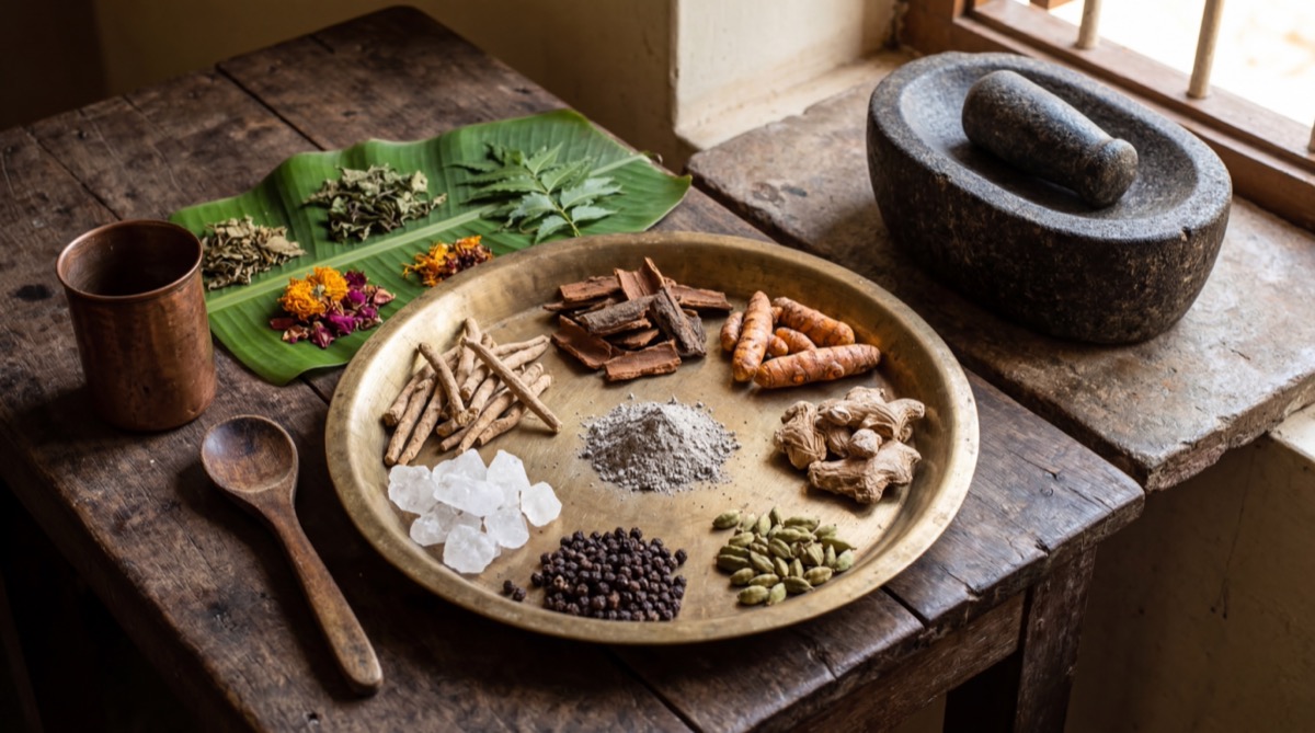 Raw Ayurvedic ingredients on a brass thali — dried roots, bark, turmeric, ginger, peppercorns, cardamom, and rock salt — with banana leaf, stone mortar, and copper cup